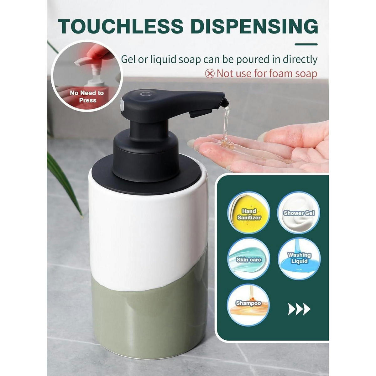 SEIFENSPENDER Automatisch Keramik Weiß-Grün 300ml - Multicolor, Keramik (8.4/18.5/9.6cm)