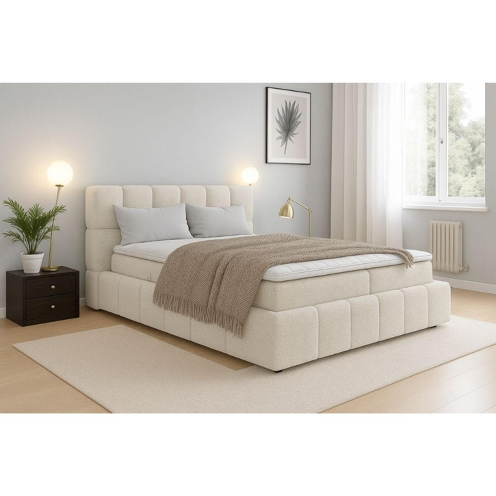 BOXBETT Anna mit Bonnelmatratze und Topper, 200x200, Beige - Beige, Holzwerkstoff/Kunststoff (200/200cm) - AN-Moebel 4u