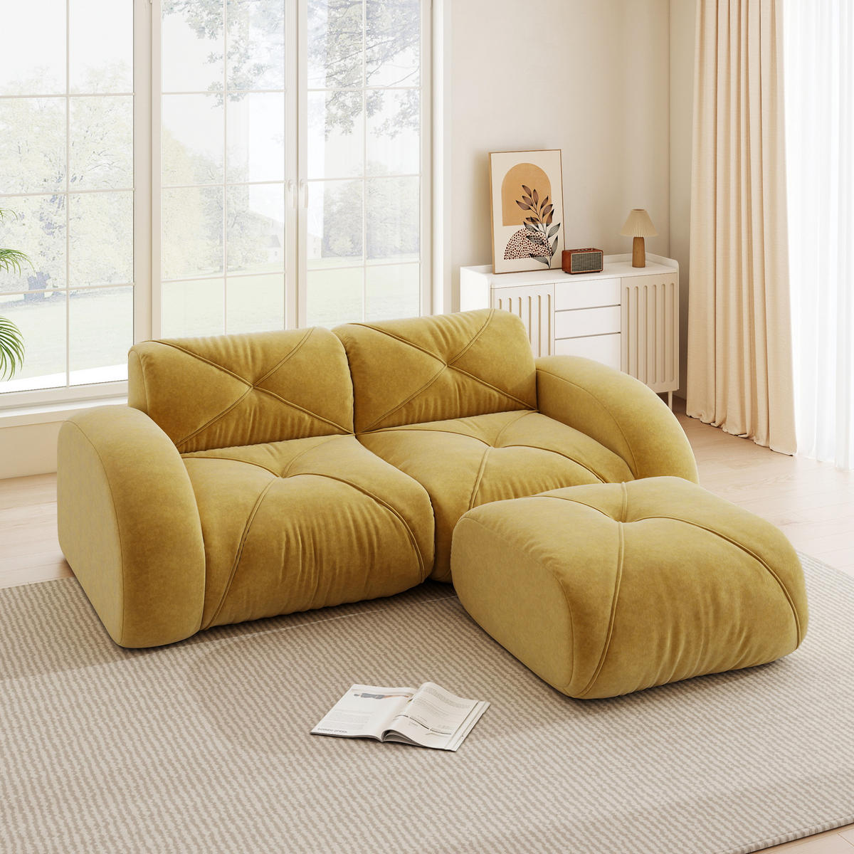 MODULARES 2-Sitzer-Sofa mit Hocker, rahmenloses Design und 32D-Schaumstoff, Gelb - Gelb, Textil (204/76/171cm) - Redom