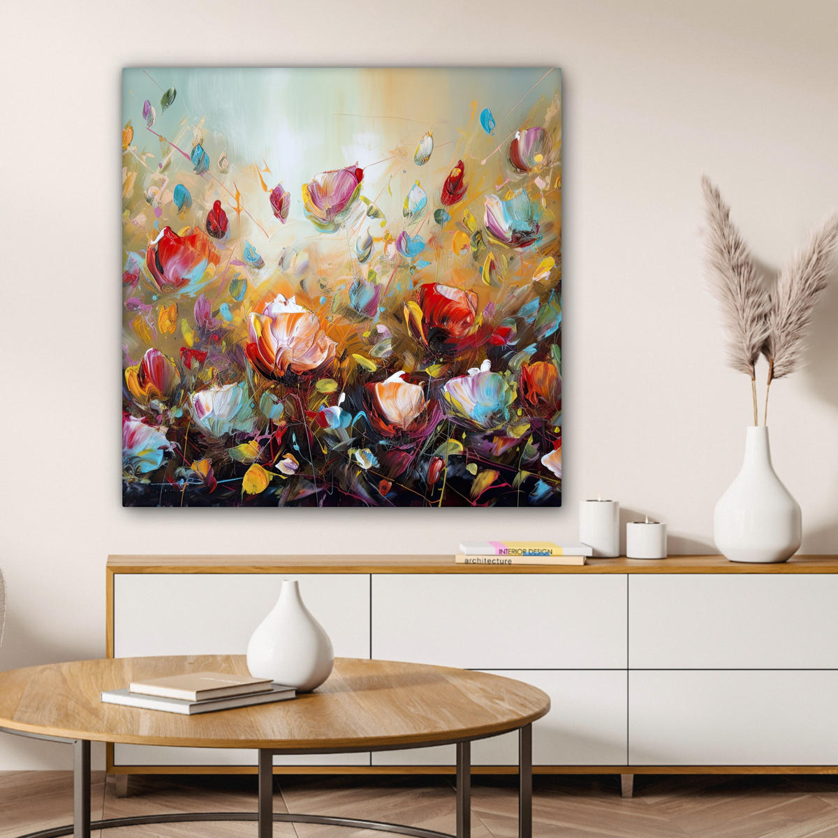 LEINWANDBILD Blumen - Kunst - Natur - Ölgemälde Deko Groß 90x90 cm - Multicolor, Textil (90/90cm) - MuchoWow