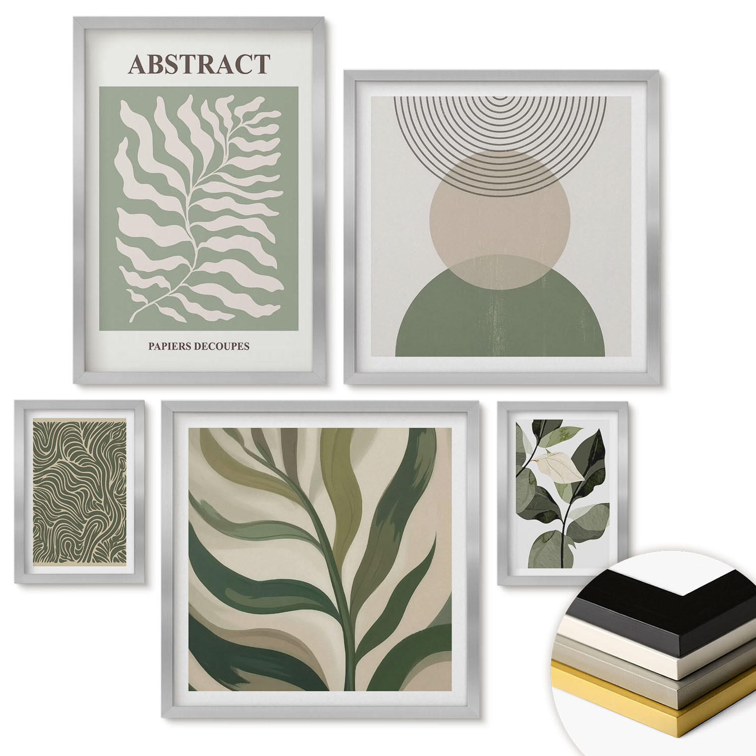 WANDBILDER 5er Set - 50x50 cm & 20x30 cm & 40x60 cm Silberner Rahmen - Blätter geometrische Formen abstrakt - Silberfarben, Kunststoff (40/60cm) - ArtPrintCave