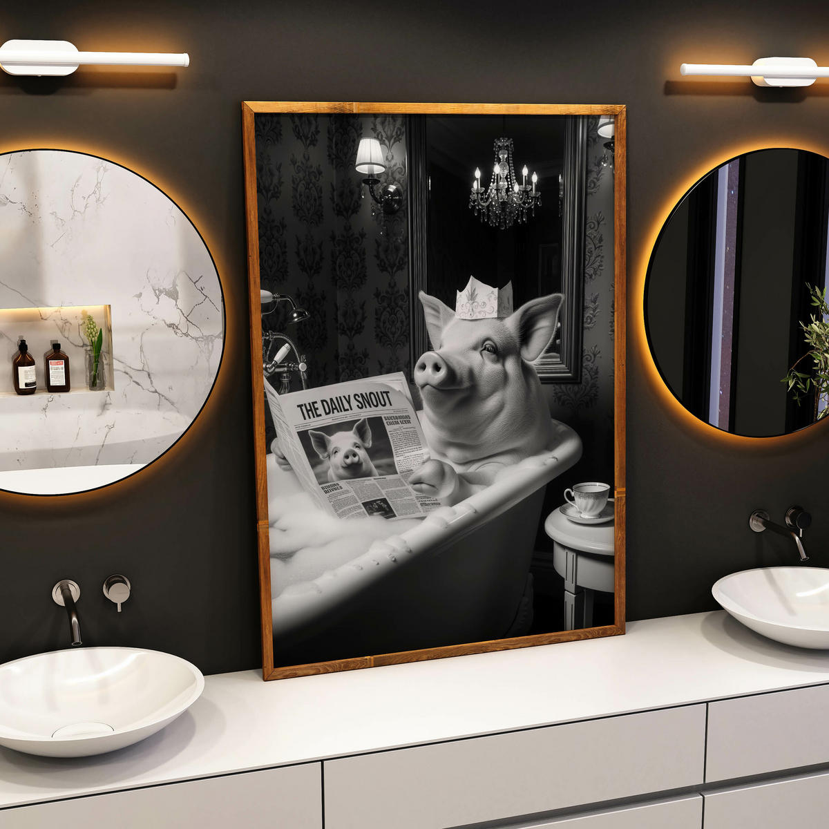 POSTER für Badezimmer WC SCHWEIN in Badewanne Zeitung Abstraktion 30x40cm - Schwarz/Weiß, Papier (30/40/1cm) - Muralo