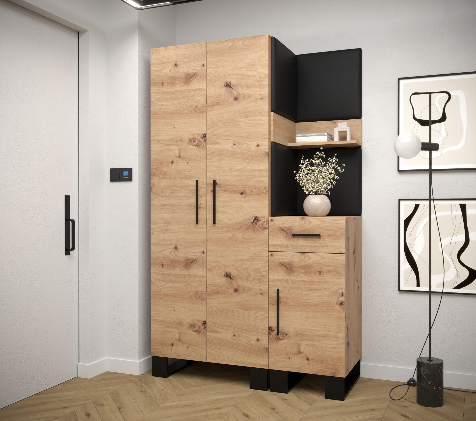 GARDEROBEN-SET 196/116/45,6 - Schwarz/Eiche Artisan, Holz/Kunststoff (116/196/45.6cm) - Abiks Möbel
