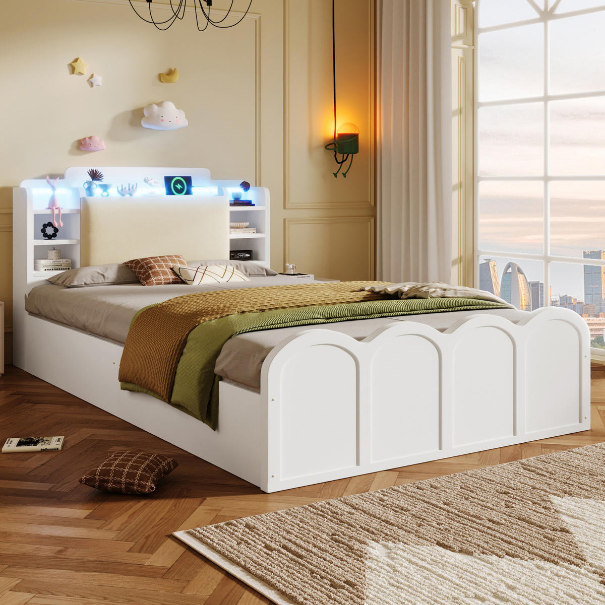 PANEELBETT 90/200 cm Weiß aus Massivholz und Holzwerkstoff mit hydraulischem Stauraum, USB- und Typ-C-Anschluss - Weiß, Holz (90/200cm) - OKMYHOME