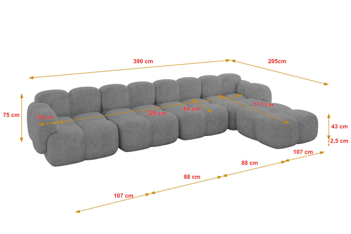 ECKSOFA modulares Sofa Rechts Miko-L3 390x205x75 Grau Velours - Schwarz/Grau, Holzwerkstoff/Kunststoff (390/205cm) - ALTDECOR