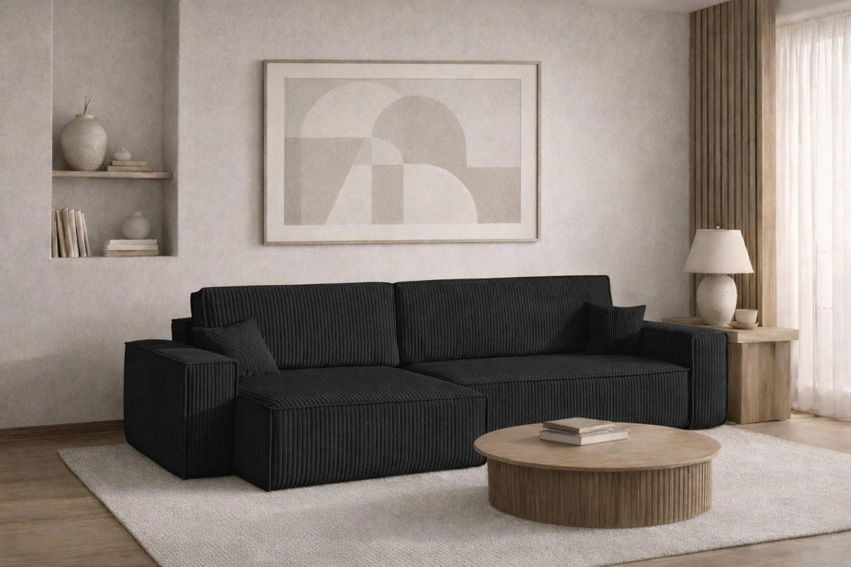 ECKSOFA Mit Schlaffunktion Und Bettkasten, Eckcouch BEST XL Stoff Poso Dicker Cord Schwarz Links - Schwarz, Holz/Kunststoff (142/83/274cm) - Kaiser Möbel