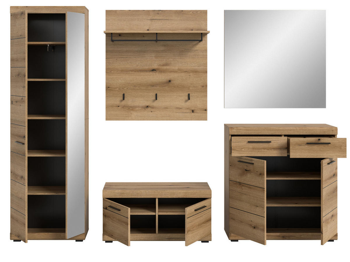 GARDEROBE Set 5-teilig Evoke Eiche 272 cm, Flurmöbel mit viel Stauraum - Eichefarben/Schwarz, Glas/Holzwerkstoff (272/197/40cm) - Inn.Furn