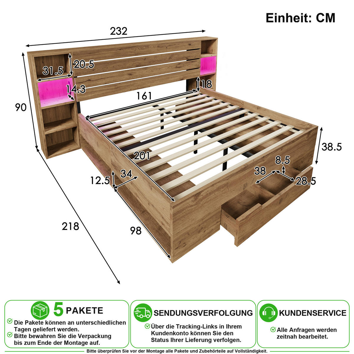 BETT 160/200 cm in Eiche mit LED, USB und Matratze - Eichefarben, Holz/Holzwerkstoff (160/200cm) - CHICFURN