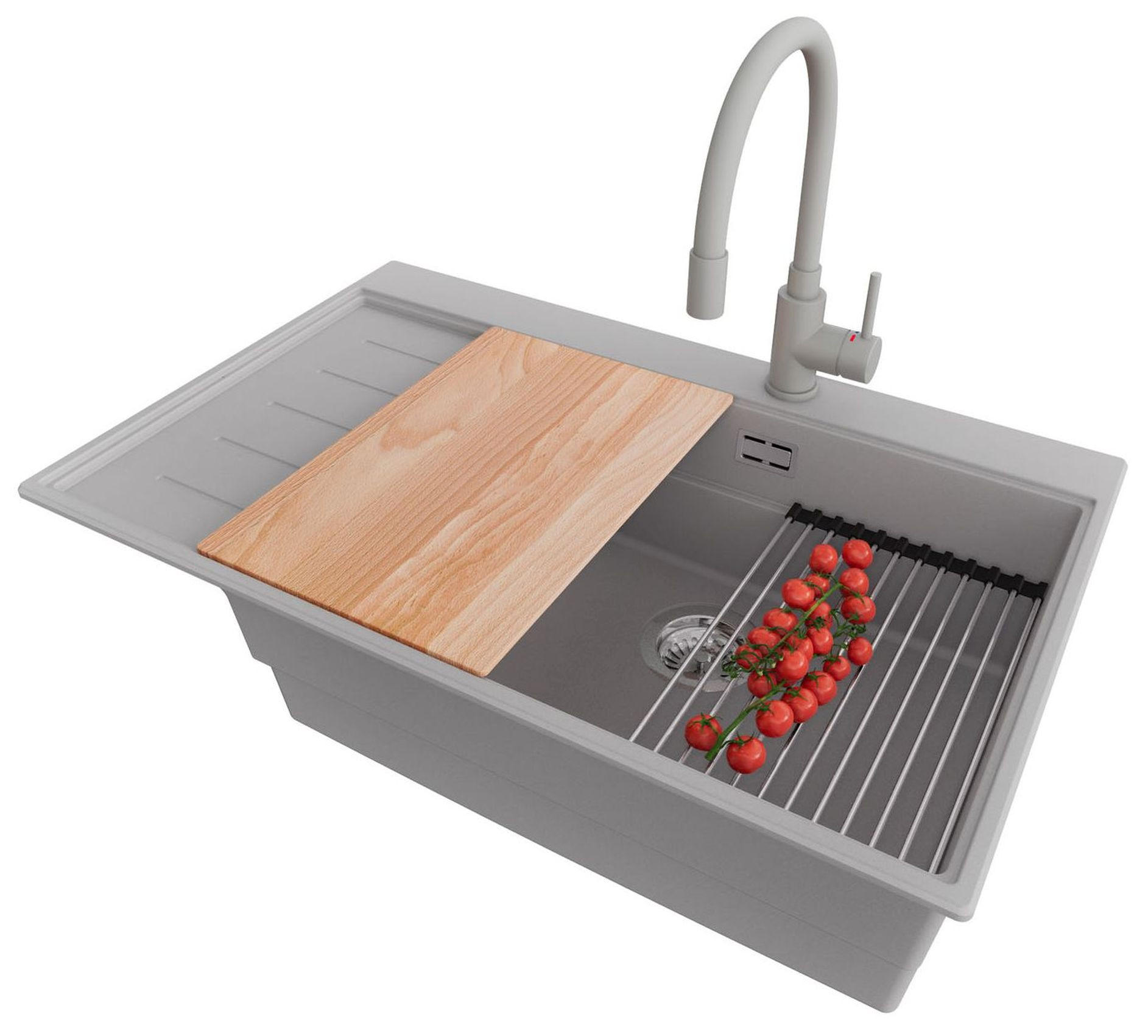 GRANITSPÜLE Sydney, 2-er set Grau 78/50 cm 1 Becken + Küchenarmatur 38/14 cm + Ablauf-Set + Küchenzubehörset ab 60er Unterschrank - Chromfarben/Beige, Kunststoff (78/20/50cm) - Primagran