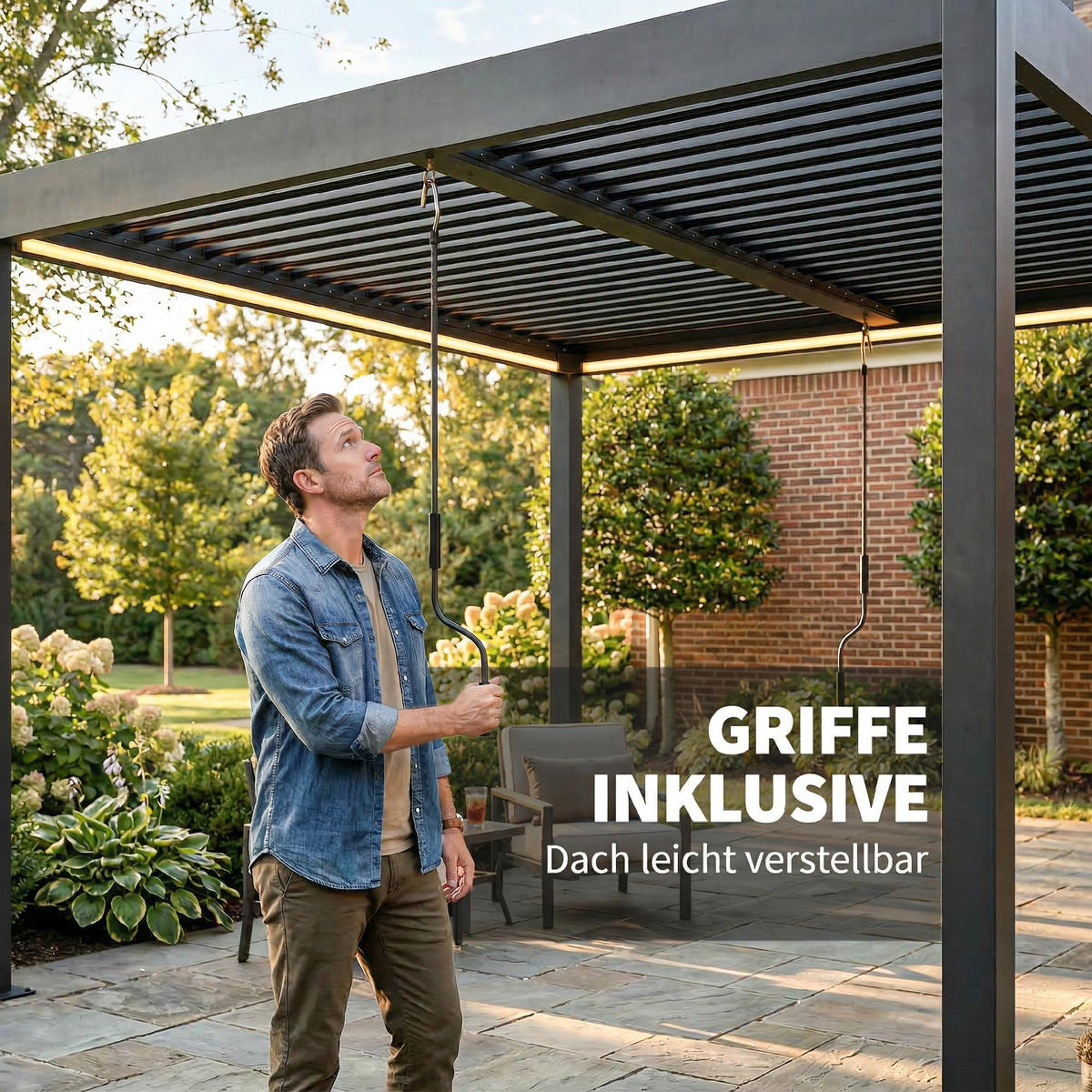 PERGOLA 3x3 m Aluminium Terrassenüberdachung mit LED-Beleuchtung Fernbedienung verstellbar Lamellendach - Dunkelgrau, Metall (300/250/300cm)