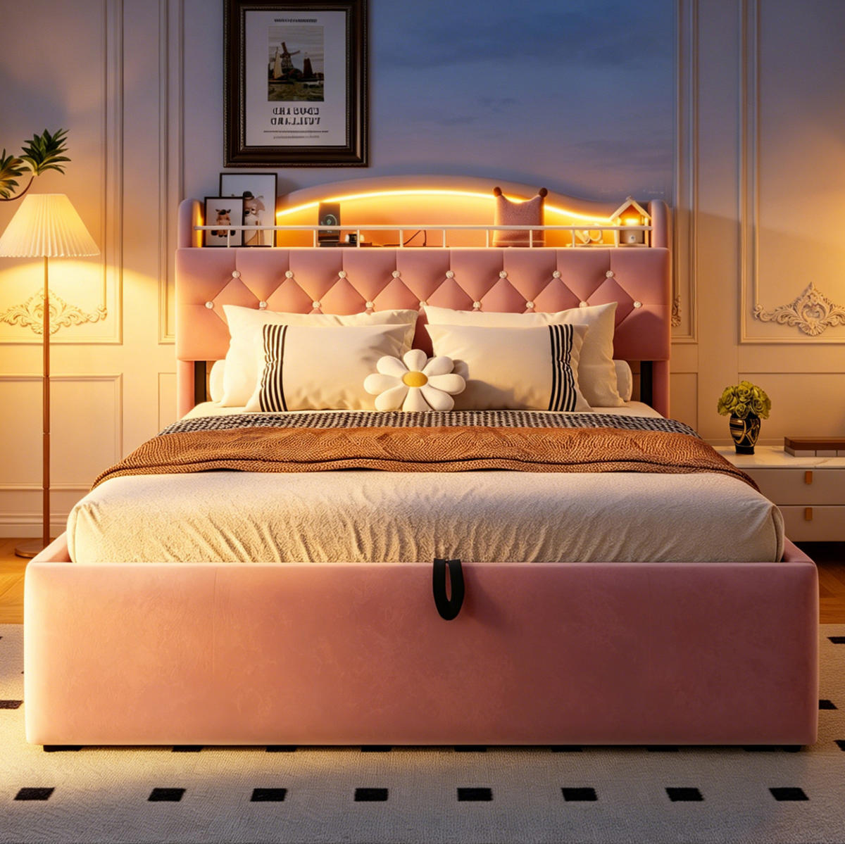 POLSTERBETT 140/200 cm aus Samt und Metall mit Stauraum Rosa - Pink, Textil (140/200cm) - OKMYHOME