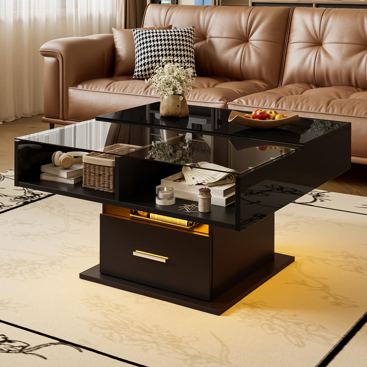 COUCHTISCH Liftfunktion LED höhenverstellbar - Schwarz, Holzwerkstoff (78/78/45cm) - LEBENLANG