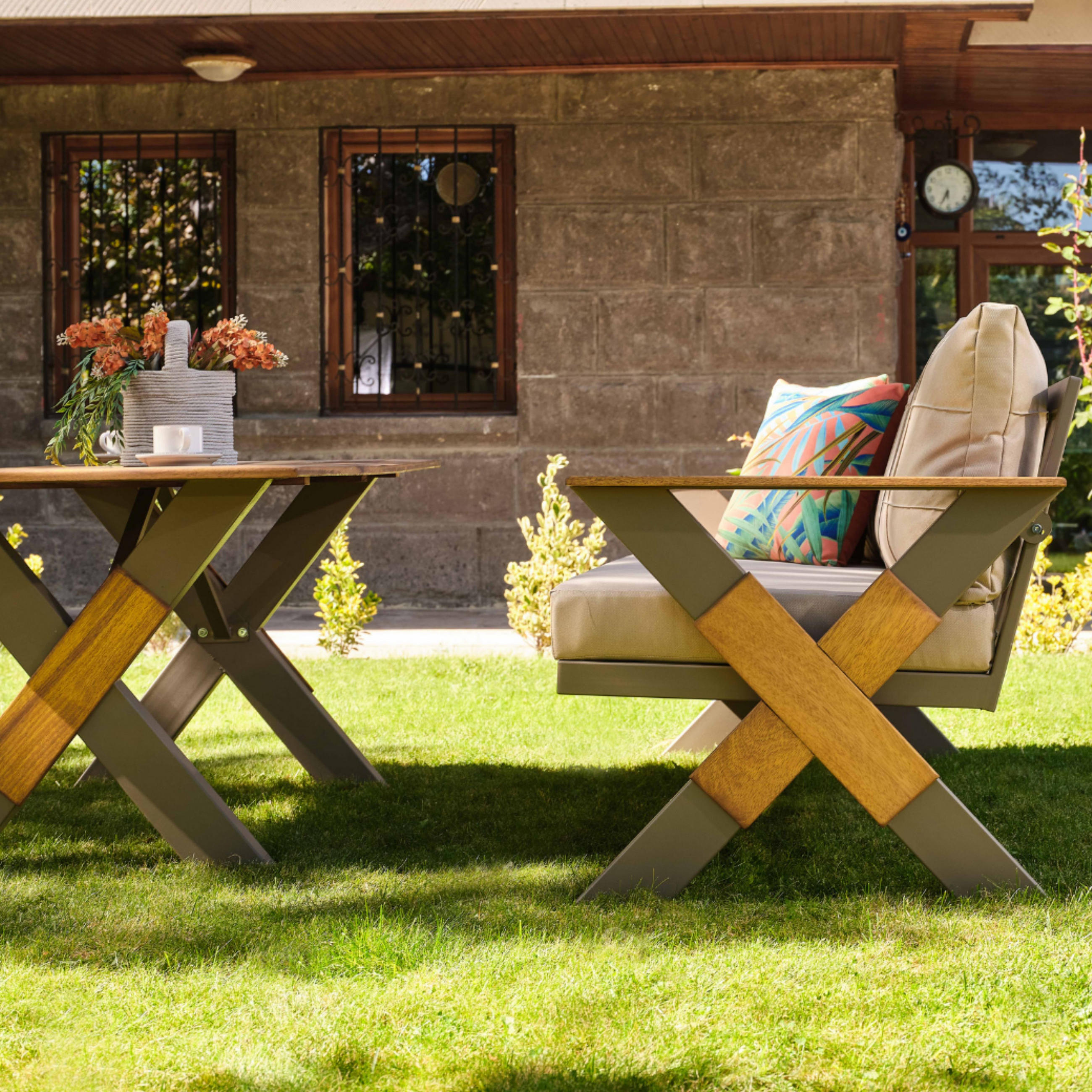 GARTENMÖBEL-SET 4-tlg. aus Irokoholz Lotus Beige - Beige, Holz/Metall - Gowoll