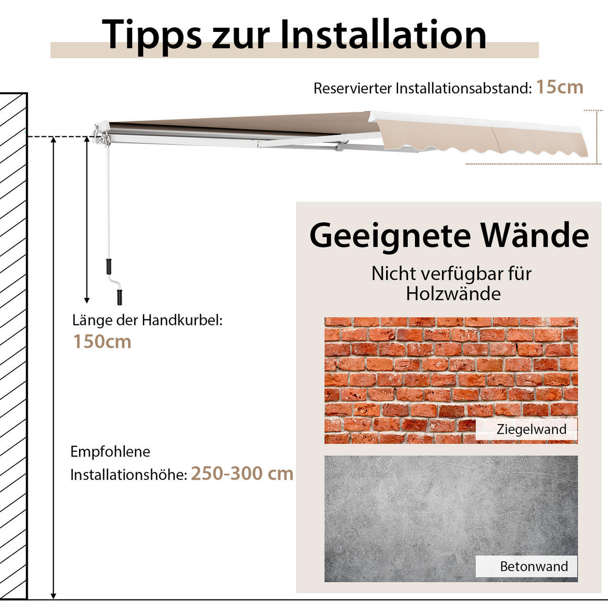 MARKISE mit kurbel Beige - Beige, Metall (250/150/300cm) - COSTWAY
