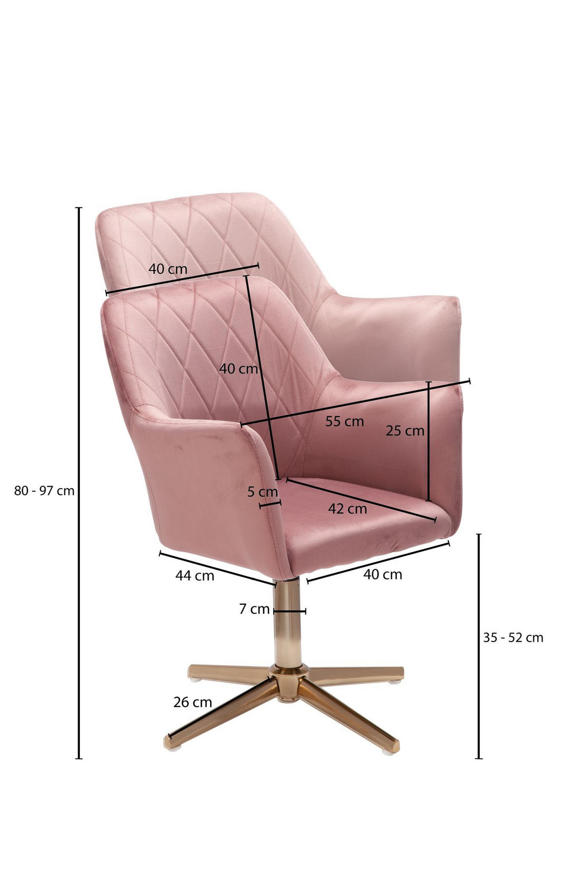 DREHSTUHL Samt mit Armlehnen Eisengestell 360° Funktion, Rosa 97x55x55 cm - Pink/Goldfarben, Textil/Metall (97/55/55cm) - KADIMA DESIGN