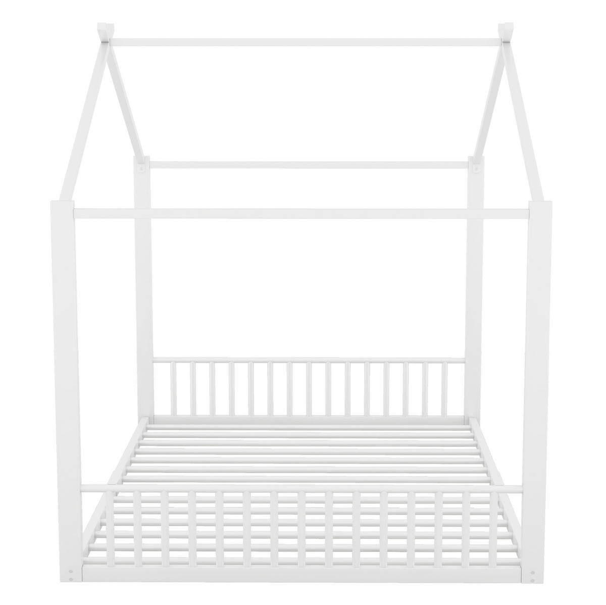 HAUSBETT 140/200 cm aus Metall in Weiß – mit Dachaufbau - Weiß, Metall (140/200cm) - BEAOK