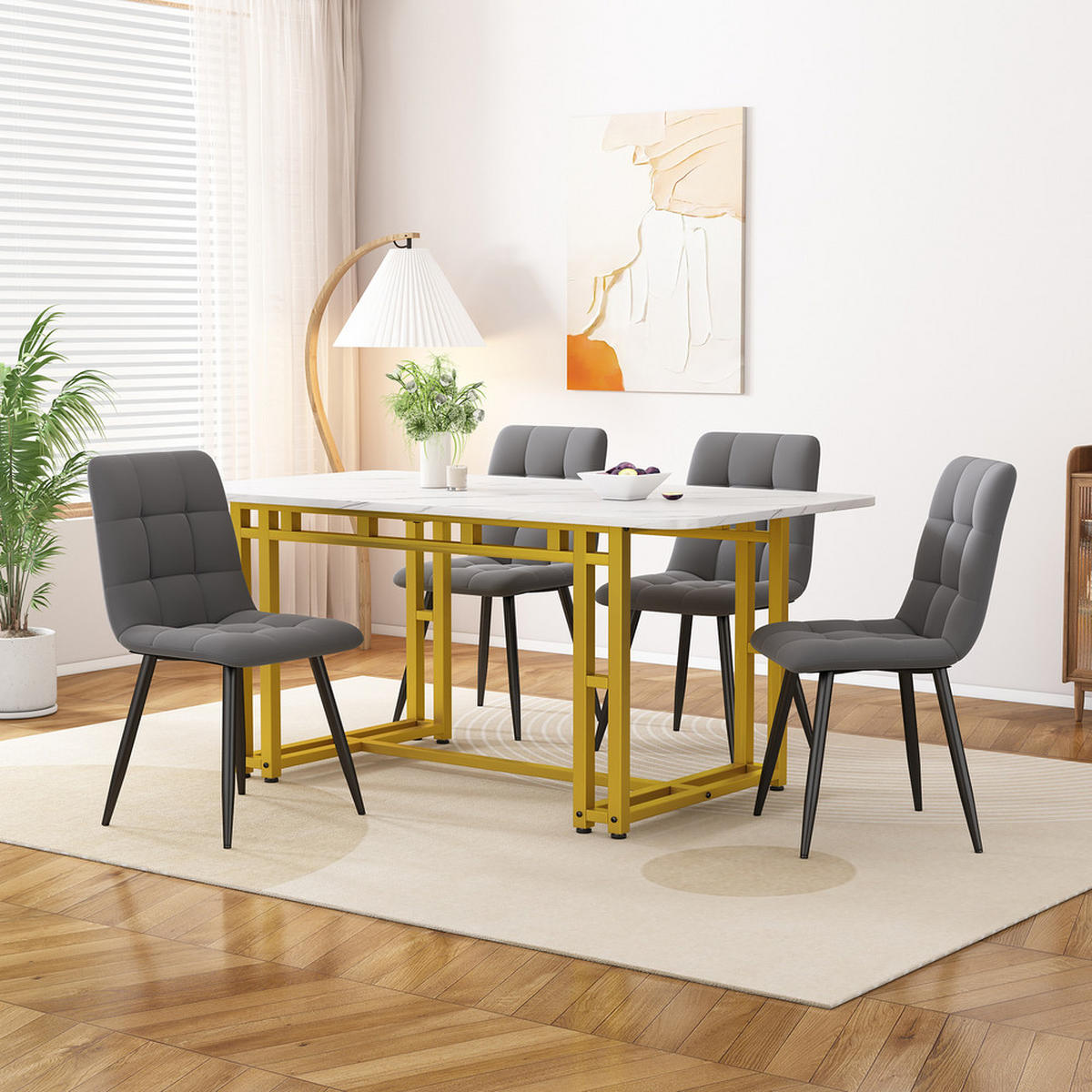 TISCHGRUPPE 5-tlg 120x70cm Gold mit 4 Samtstühlen Dunkelgrau - Grau, Metall (71.76/12.07/86.36cm) - Raelunyi