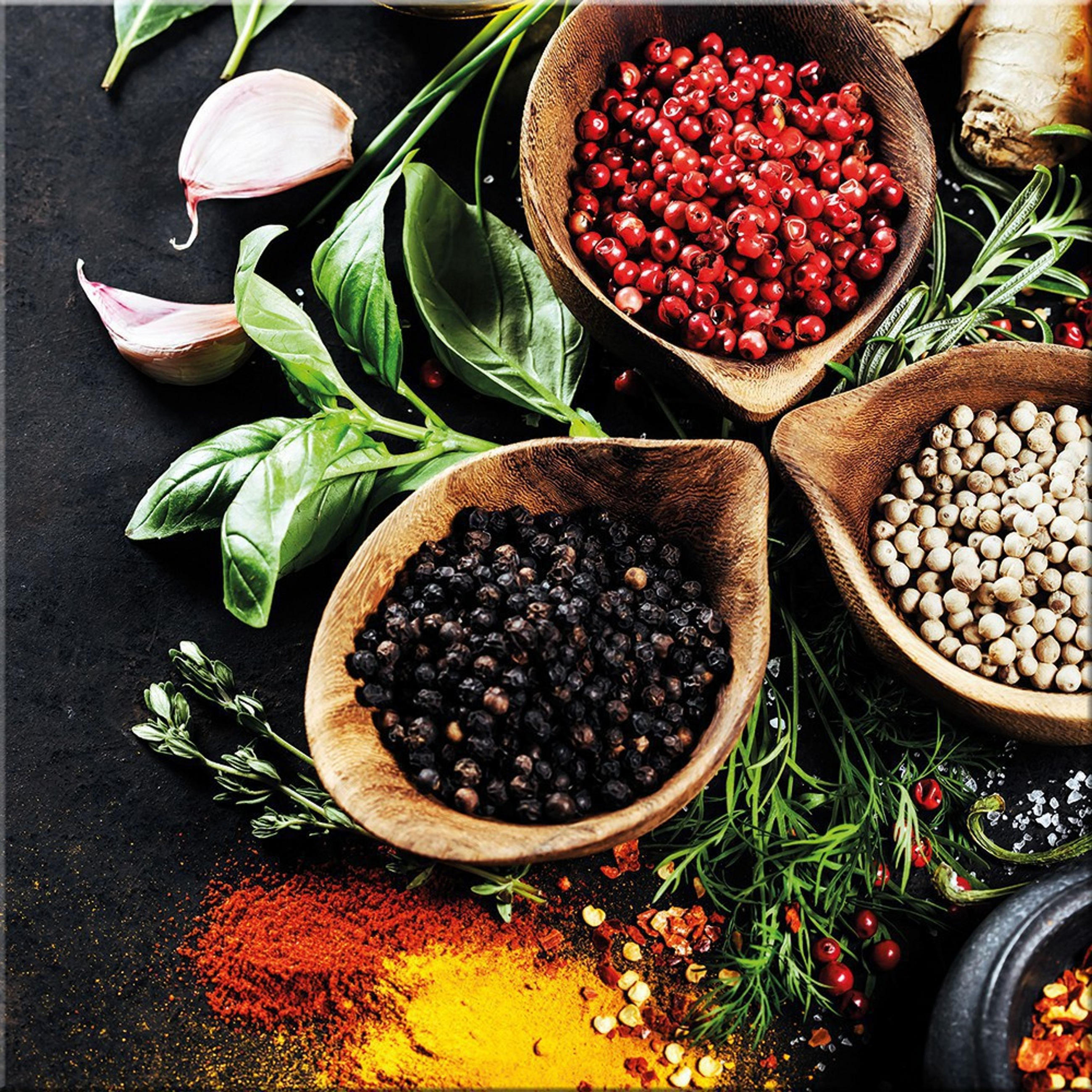 GLASBILD 50x50 cm Küche Gewürze Kräuter bunt - Rot/Schwarz, Glas (50/50cm) - artissimo