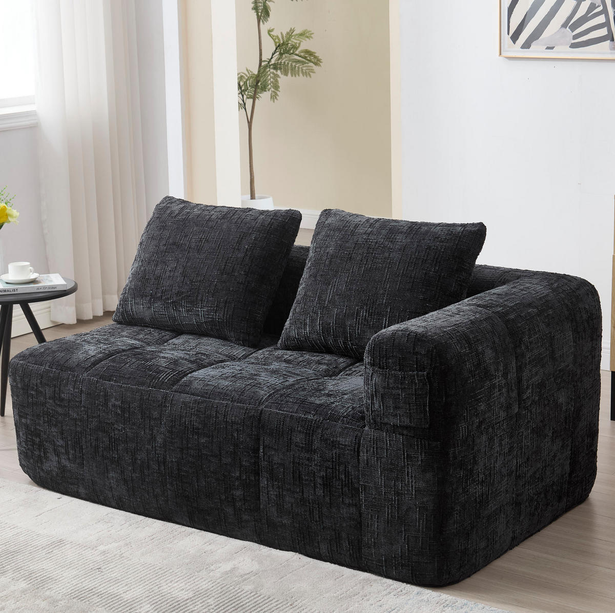 SOFA mit Seitentaschen ca. 158 x 90 cm Chenille Schwarz - Schwarz, Kunststoff (158/60/90cm) - Meubliv