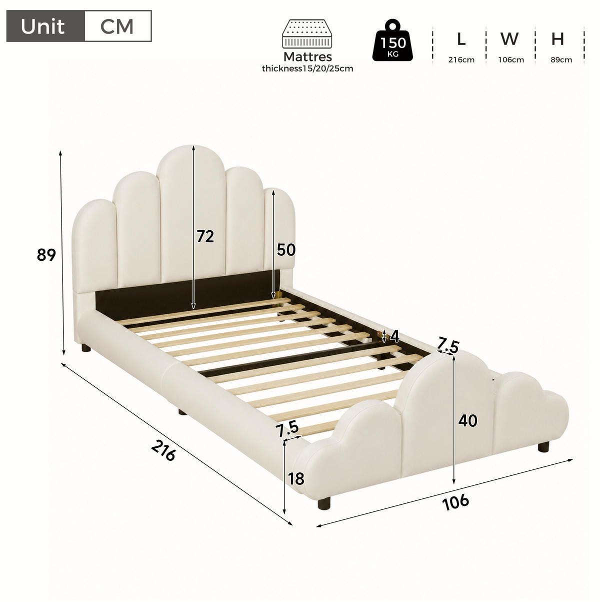 KINDERBETT 90x200 cm in Beige mit Samtbezug und abgerundetem Wolken-Design - Beige, Textil (90/200cm) - IVMEU