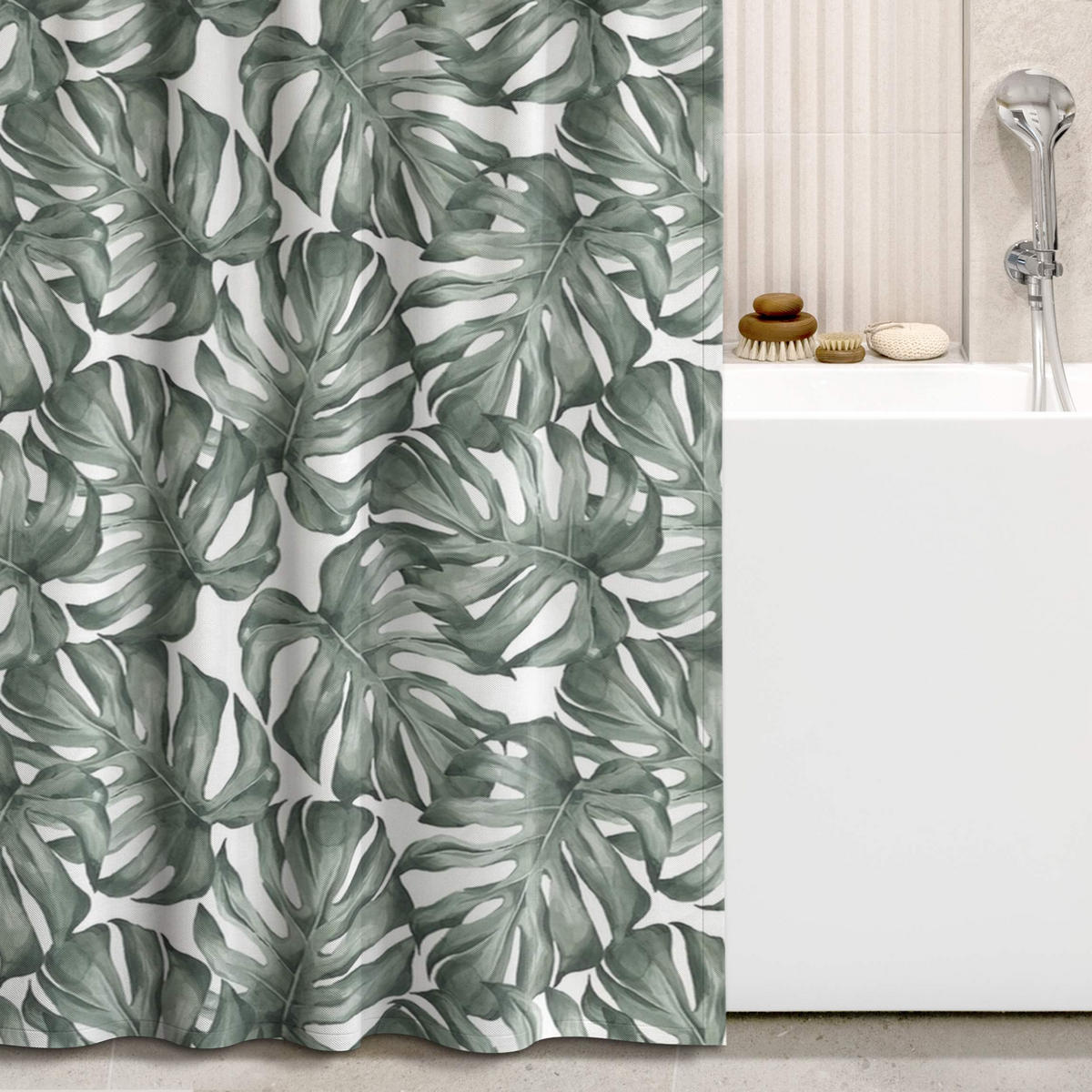 DUSCHVORHANG Aquarell Monstera Blätter in Grün 200/180 cm - Grün, Textil (200/180cm) - Bilderwelten