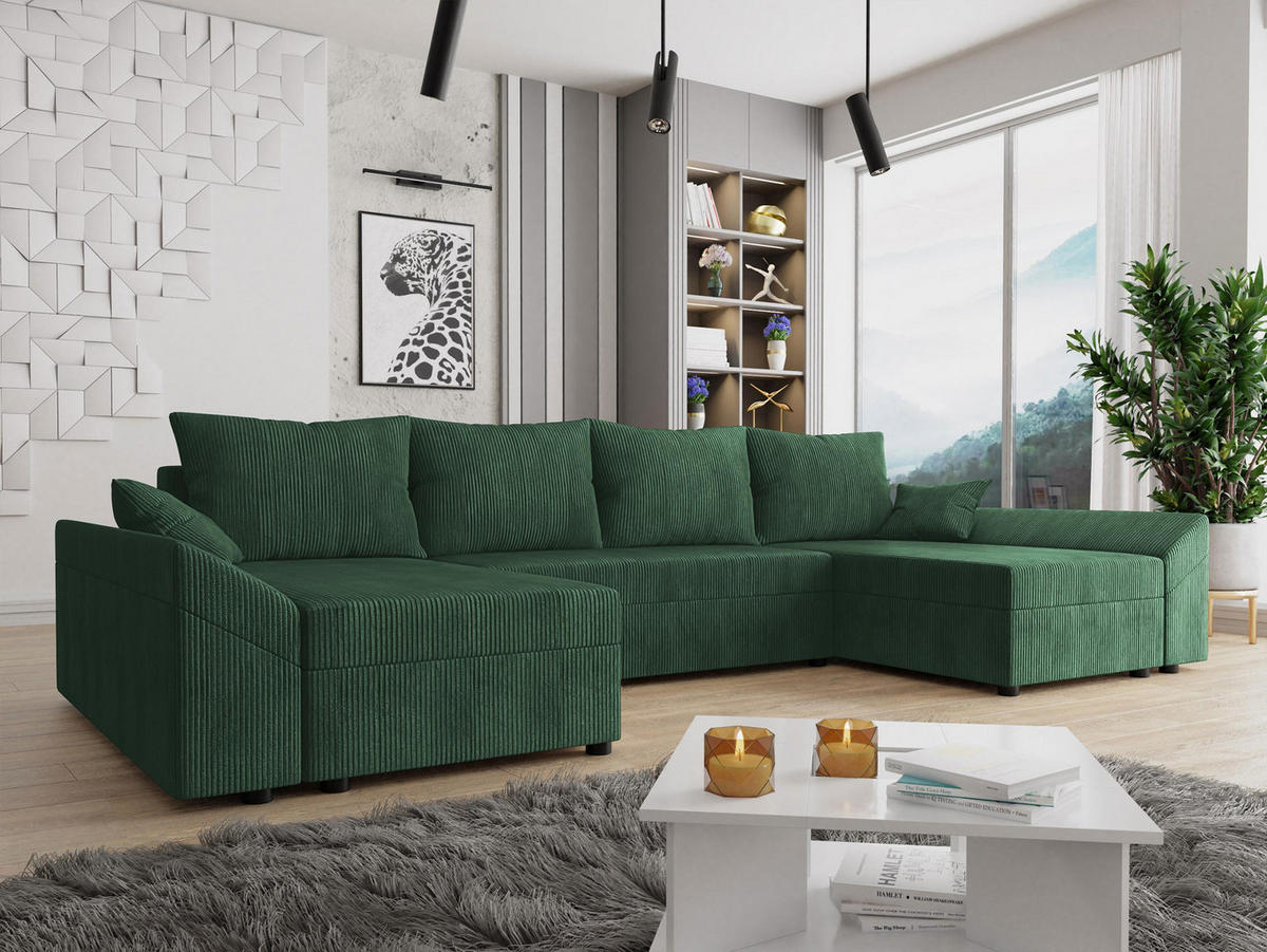 WOHNLANDSCHAFT Dante U Cord - Schwarz/Grün, Holz/Kunststoff (310/82/140cm) - MIRJAN24