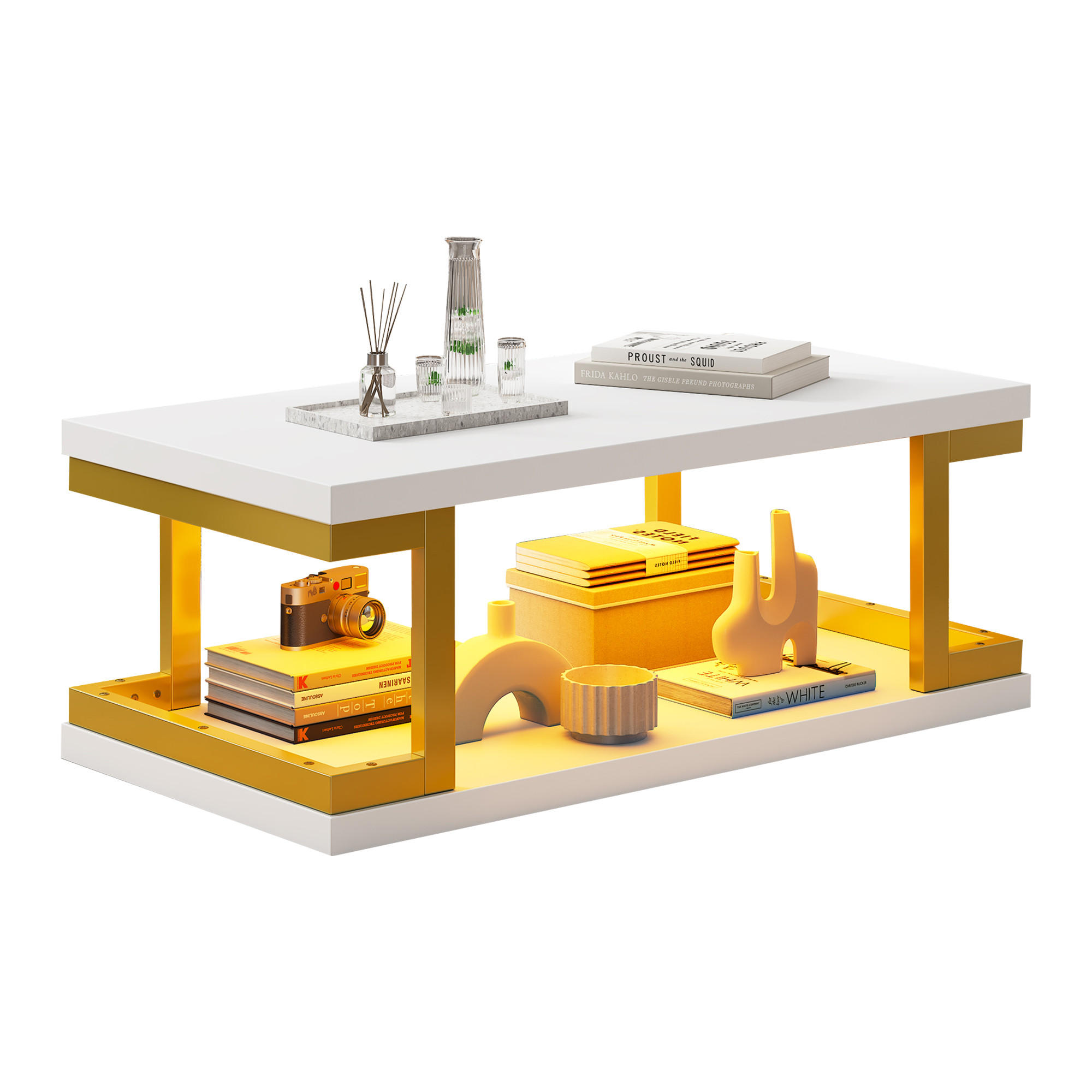 COUCHTISCH in Weiß und Gold mit LED-Beleuchtung für Wohnzimmer und Esszimmer, B100/T50/H37,5 cm - Goldfarben/Weiß, Holzwerkstoff/Metall (50/100/37.5cm) - STILVORA