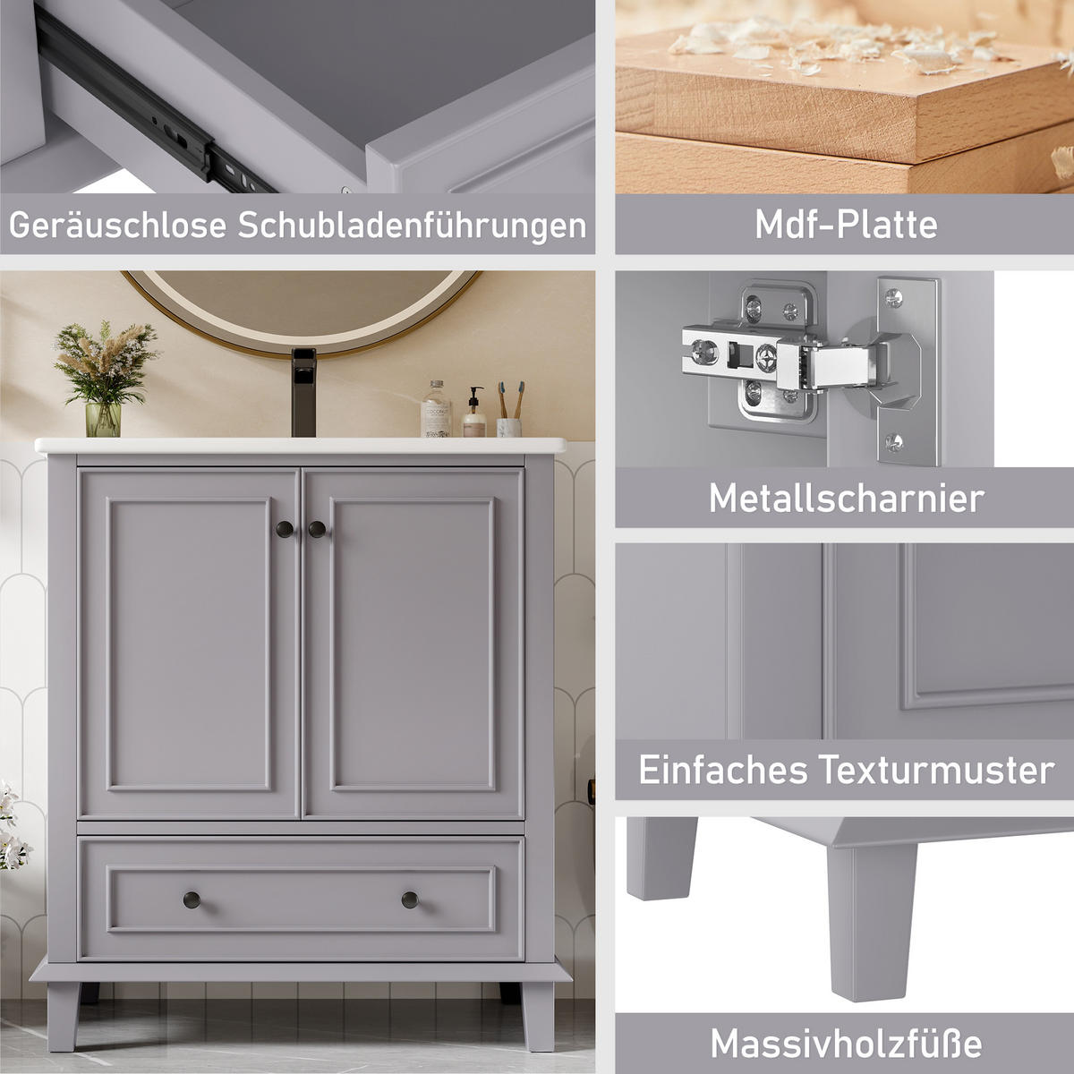 WASCHTISCH Grau 76/46/87 cm mit Keramikbecken - Grau, Holz (76/87/46cm) - PANGIVO