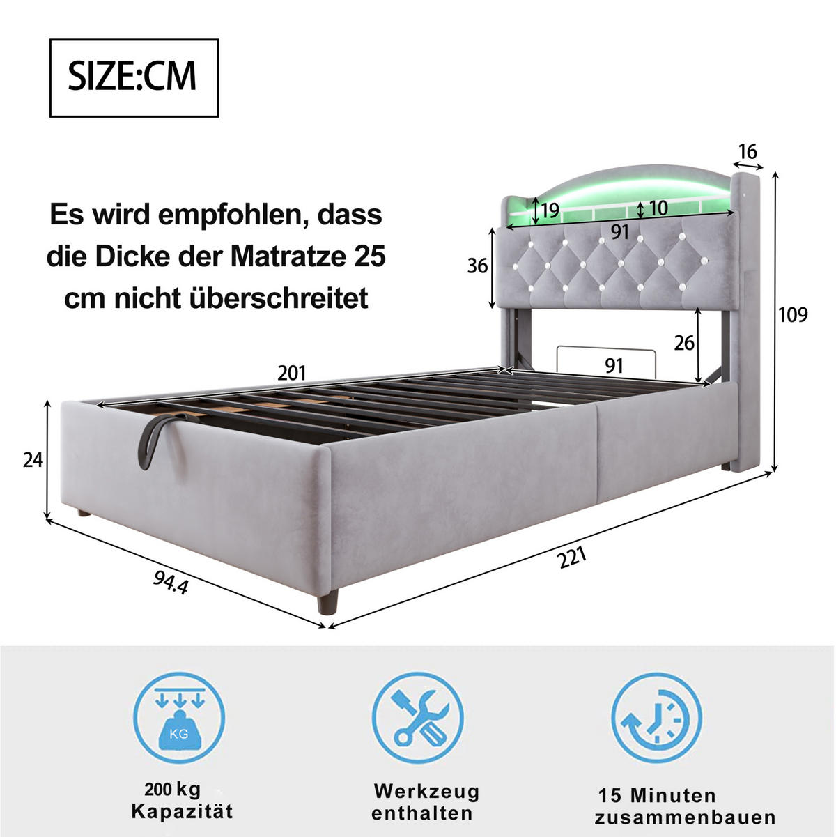 POLSTERBETT 90/200 cm Grau aus Stoff mit Stauraum - Grau, Textil (90/200cm) - OKMYHOME