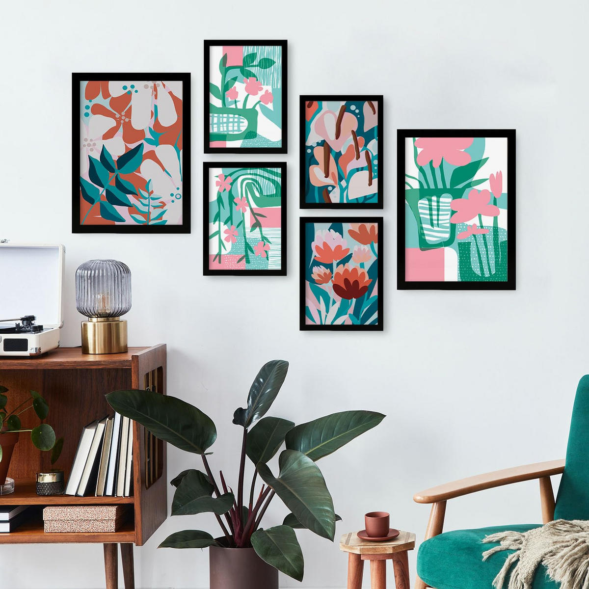 POSTER Set Mit 6 Pinkes Grün In Blume Zusammenfassung Ästhetische Dekorative Gemälde Für Ihr Wohnzimmer Schlafzimmer Zuhause A3 & A4 Schwarzer Rahmen - Schwarz, Papier (29/3cm) - Nacnic