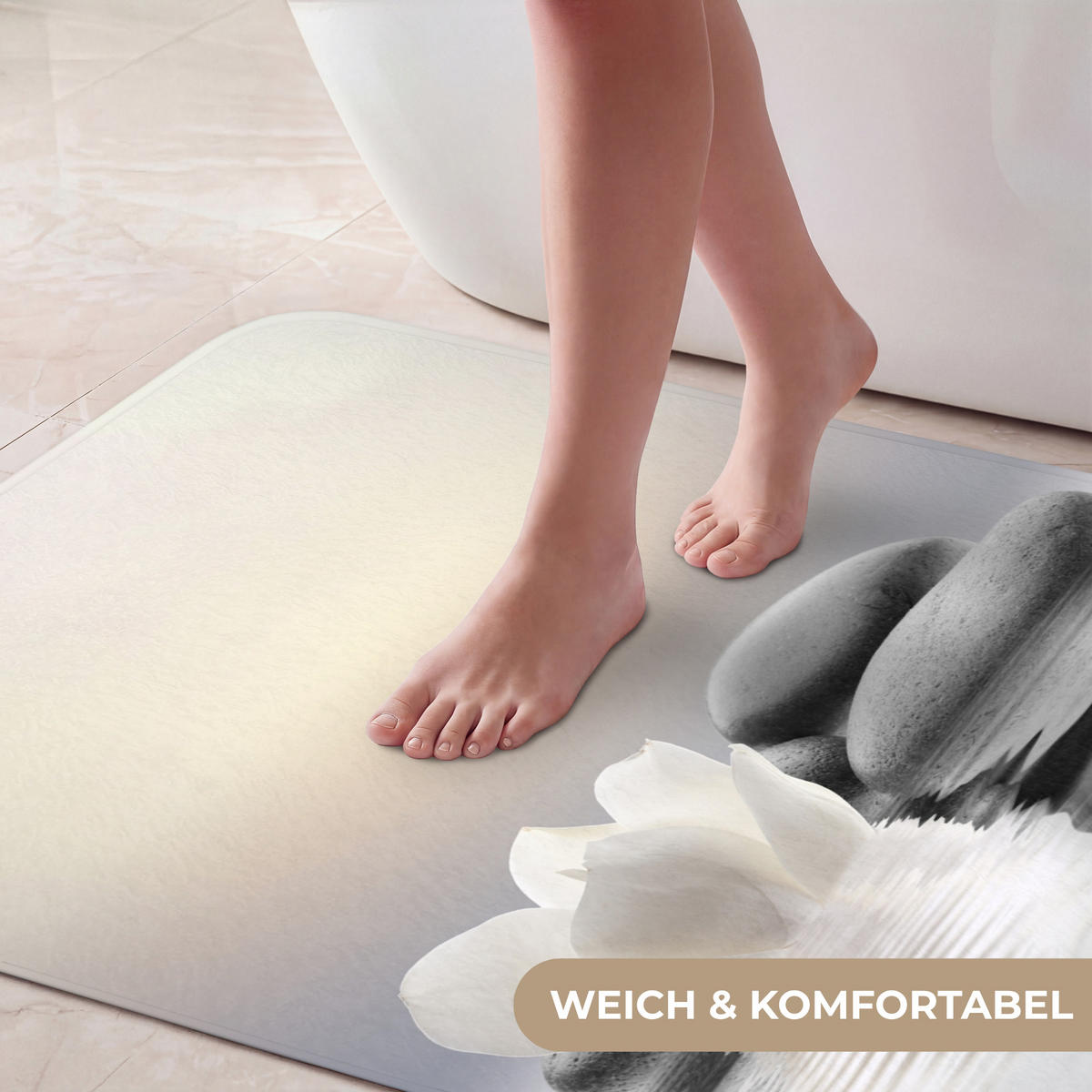 KOUPELNOVÁ PŘEDLOŽKA Kameny - Lotos - Bílý - Voda - Zen 60x90 cm - bílá, textil/plast (60/90cm) - OnlyWow