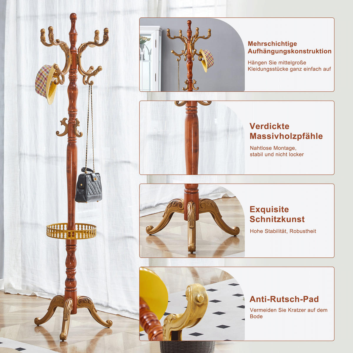 GARDEROBENSTÄNDER massivholz in holz- & gold-optik mit regenschirmhalter und mehrstöckigen haken - Eichefarben, Holz (50/195/50cm) - Urban Meuble