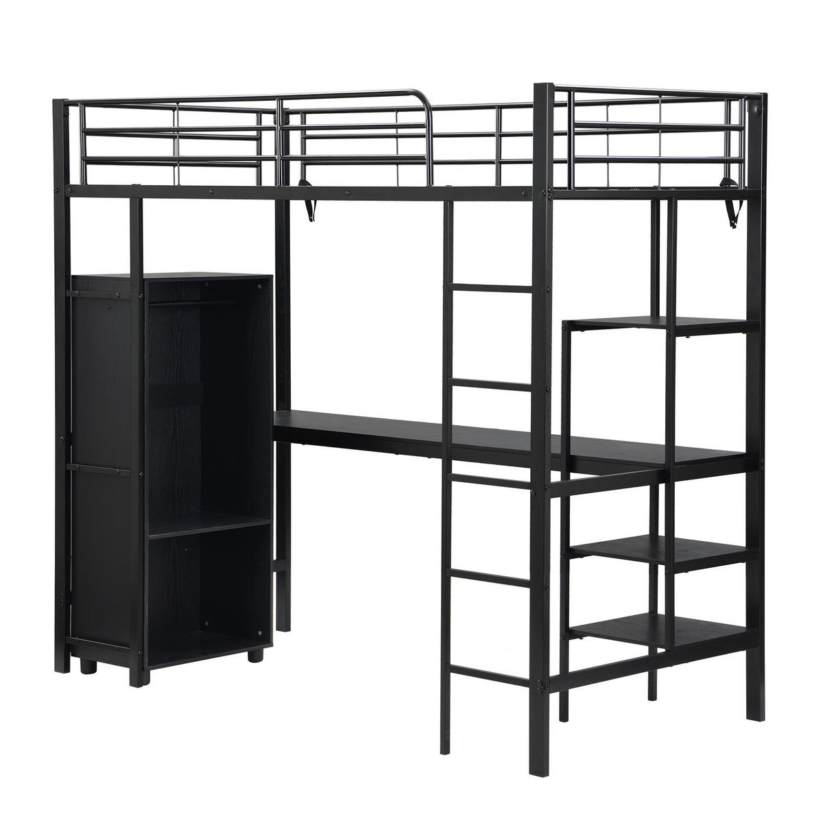 PALANDA 204/95/180 cm s psacím stolem, šatní skříní, policemi a 5stupňovým žebříkem, Černá - černá, kov (90/200cm) - Redom