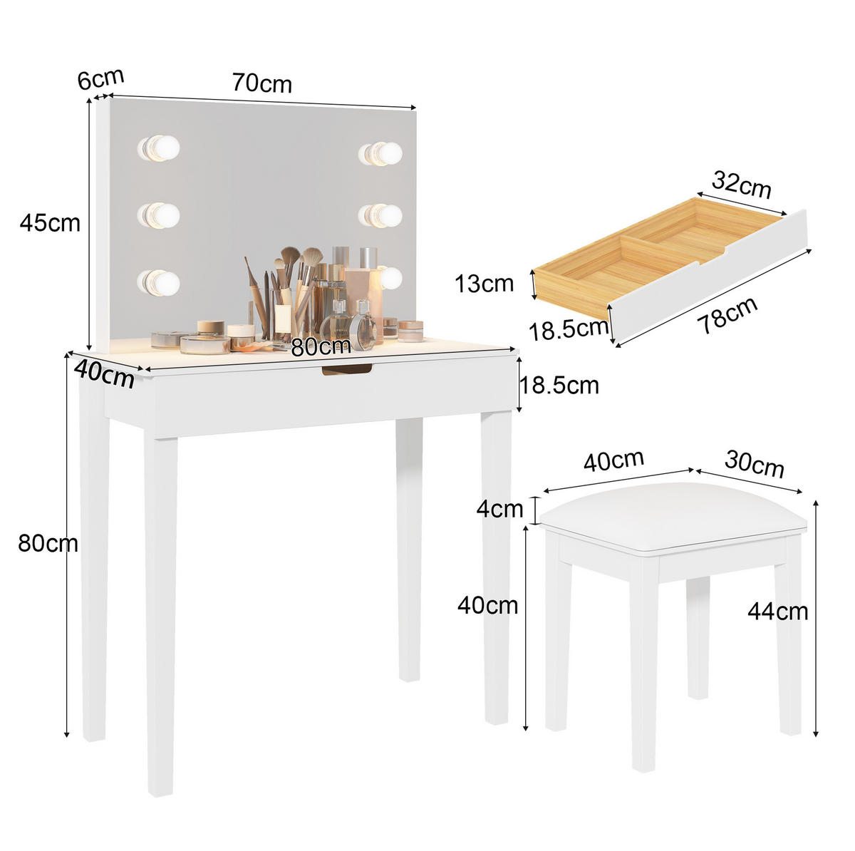 SCHMINKTISCH in Weiß mit Spiegel, LED-Beleuchtung, Hocker und 2 Schubladen - Weiß, Holzwerkstoff (125/40/80cm) - BEAOK