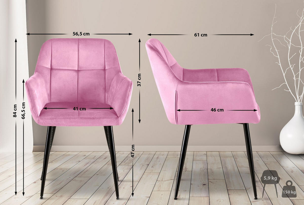 ARMLEHNENSTUHL 2er Set Samt rosa - Schwarz/Rosa, Textil/Metall (56.5/84/61cm) - CLP