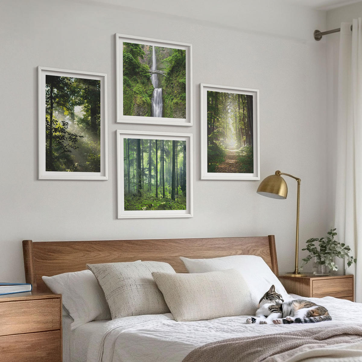 WANDBILDER 4er-Set - 50x50 cm & 40x60 cm Weißer Rahmen - Grüne Wälder, Lichtstrahlen - Weiß, Kunststoff (50/50cm) - ArtPrintCave