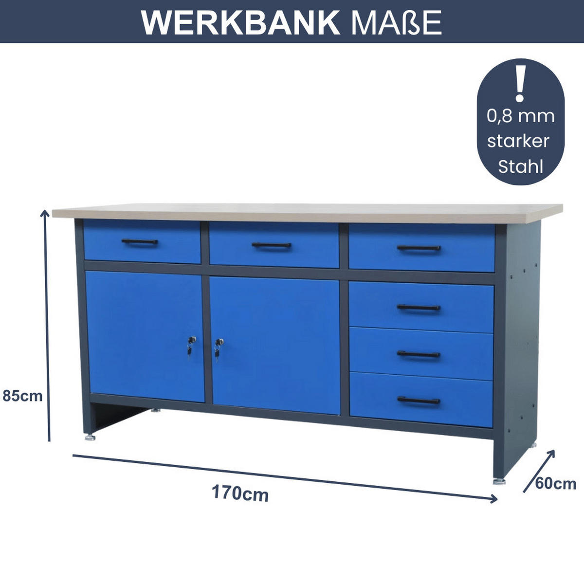 WERKBANK Werkstatt KARL 2x Tür 85x170x60cm Anthrazit-Blau - Anthrazit, Metall (170/85/60cm) - DELUKE