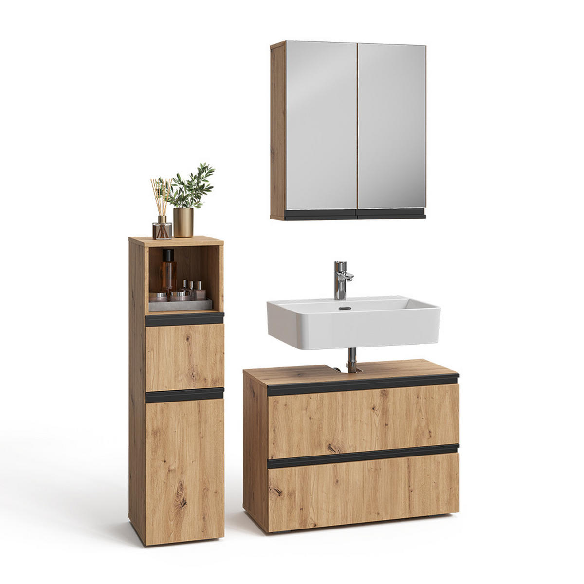 BADMÖBEL-SET Torren Artisan 3 Teile, mit Midischrank - Hellgrau, Holzwerkstoff (80/58/35cm) - Vicco