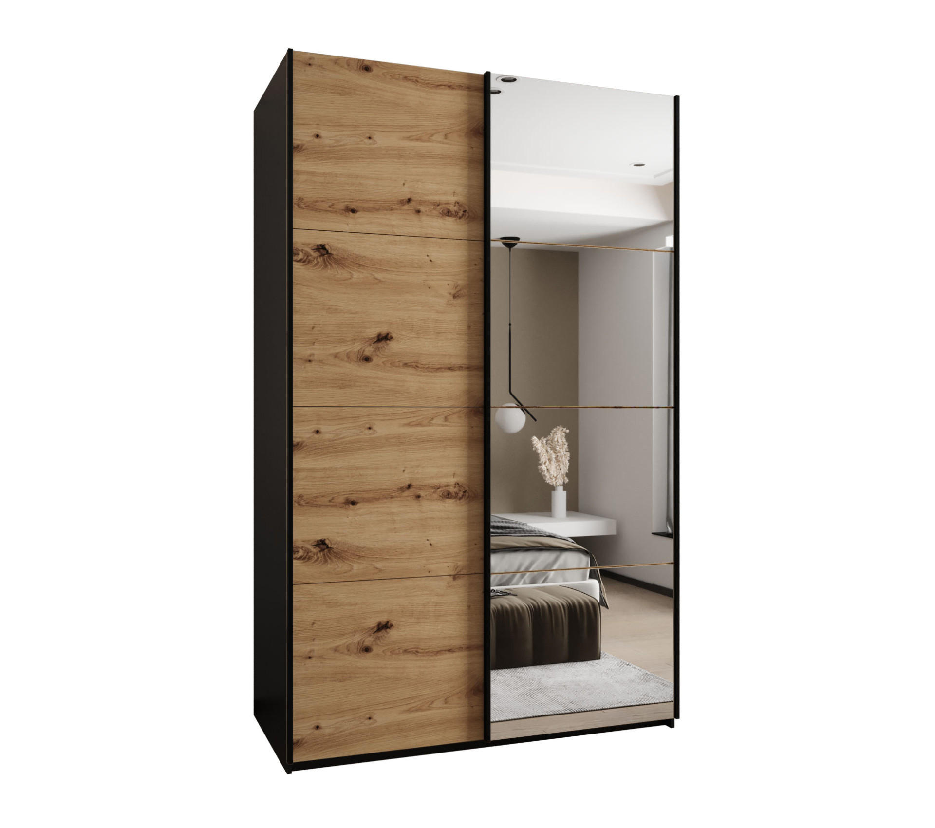Abiks Möbel Schwebetürenschrank Schwarz, Eiche Artisan, Schwarz 160x245x64 cm