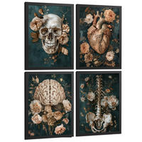 POSTER Set aus 4 Anatomie Drucke und mit Schädel Herz Gehirn Wirbelsäule Skelett Becken Klassisches Florales Design Größe Schwarzer Rahmen A4 - Schwarz, Papier (21/29.7/3cm) - Nacnic
