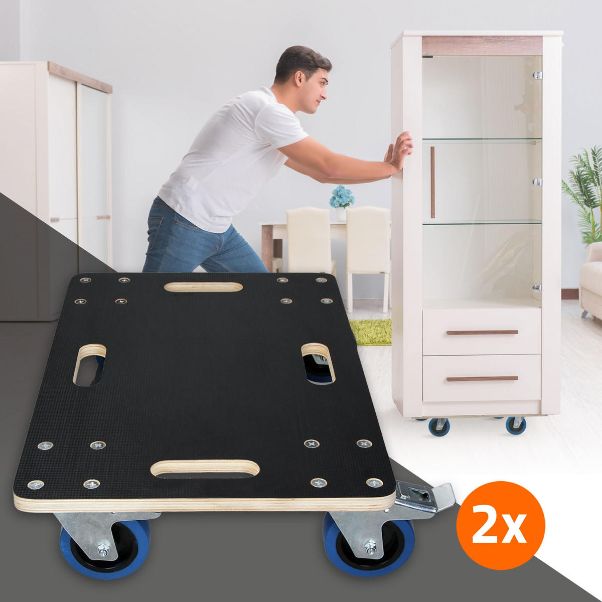 TRANSPORTROLLER 2er Set mit 4 Rollen 2 mit Bremsen 40x60 cm Traglast 800kg Siebdruck Holzplatte Black - Dunkelgrau, Holzwerkstoff (40/60/14.5cm) - ECD-Germany