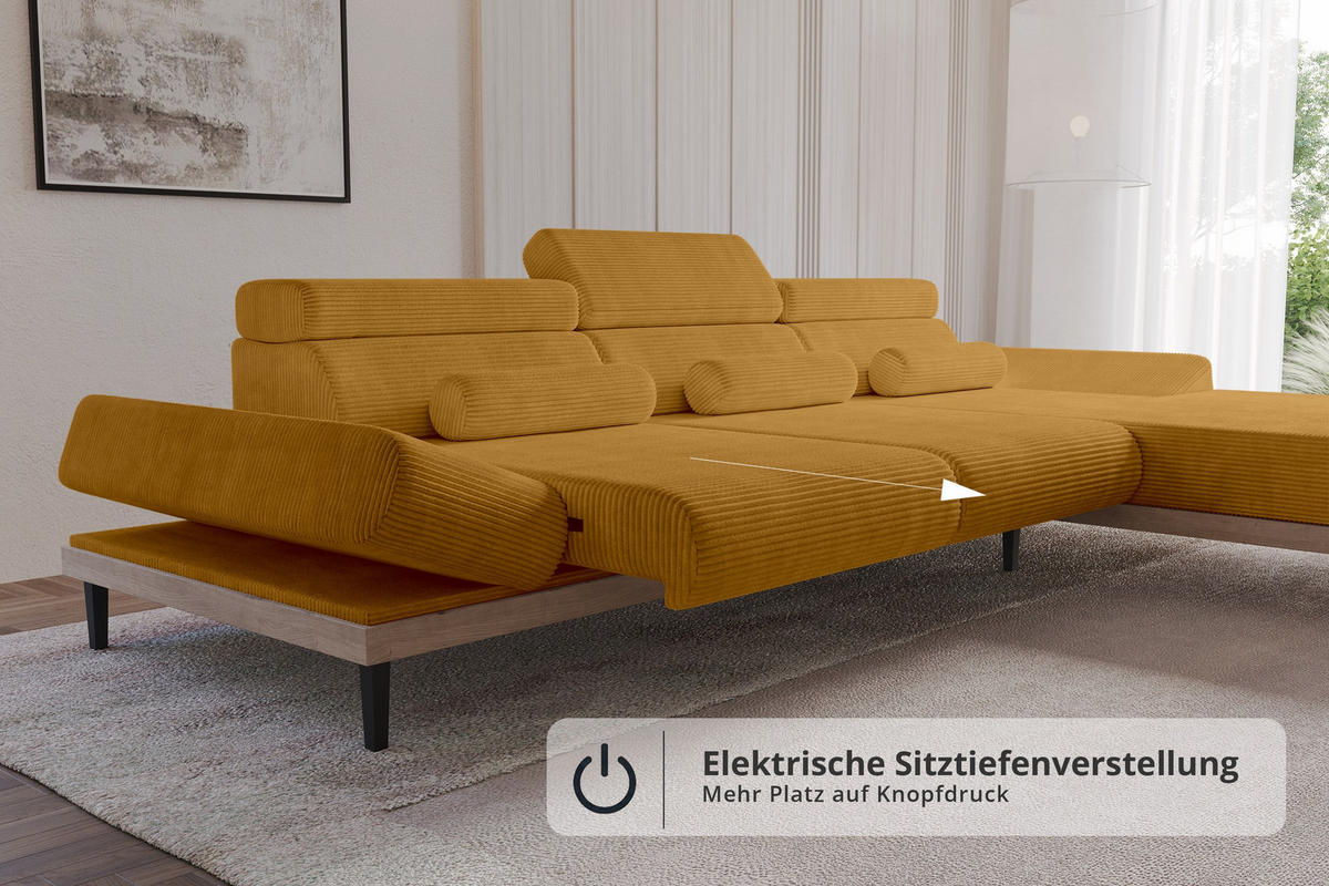 ELEKTRISCHES ECKSOFA Rechts MONA 316x205x85 Senfgelb Cord - Dunkelgelb, Holzwerkstoff/Textil (316/205cm) - ALTDECOR