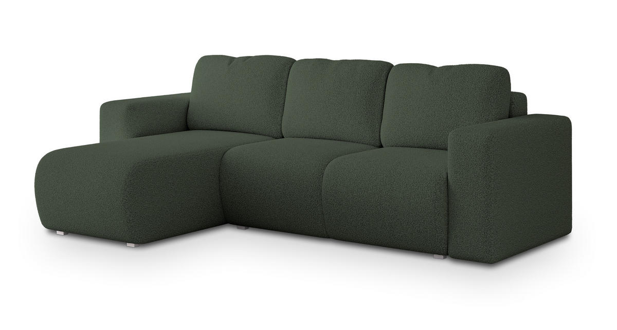ECKSOFA RINOVA Grün Boucle-Stoff mit Schlaffunktion - Grün, Holz (250/143cm) - MASSENO
