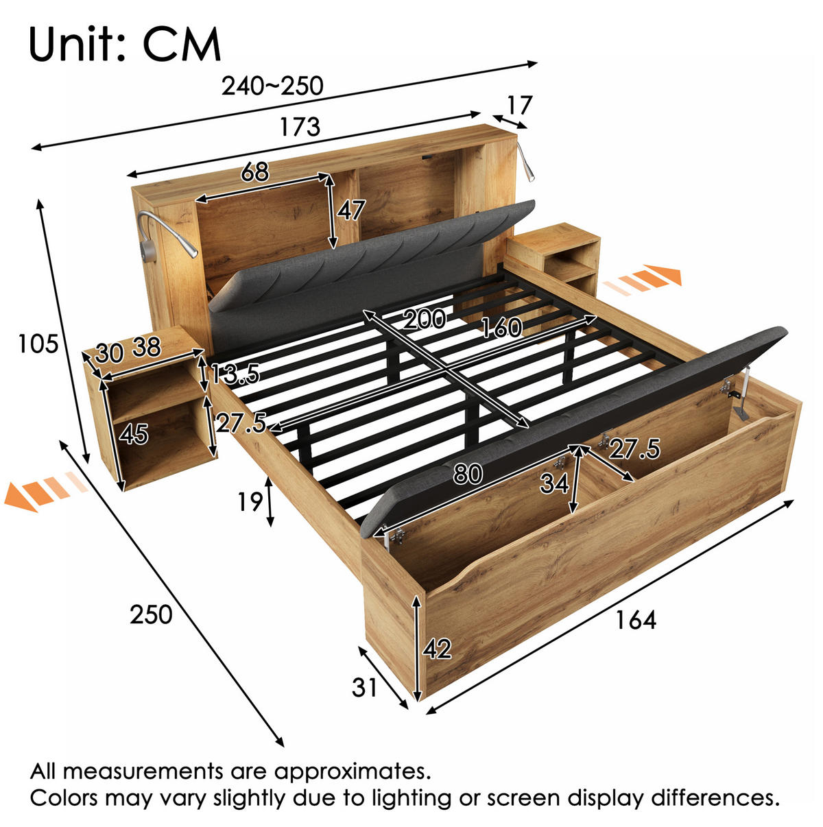 BETT 160/200 cm Eiche aus Holz mit Nachttischen, Bettbank und Leselampen - Eichefarben, Holzwerkstoff (160/200cm) - OKMYHOME