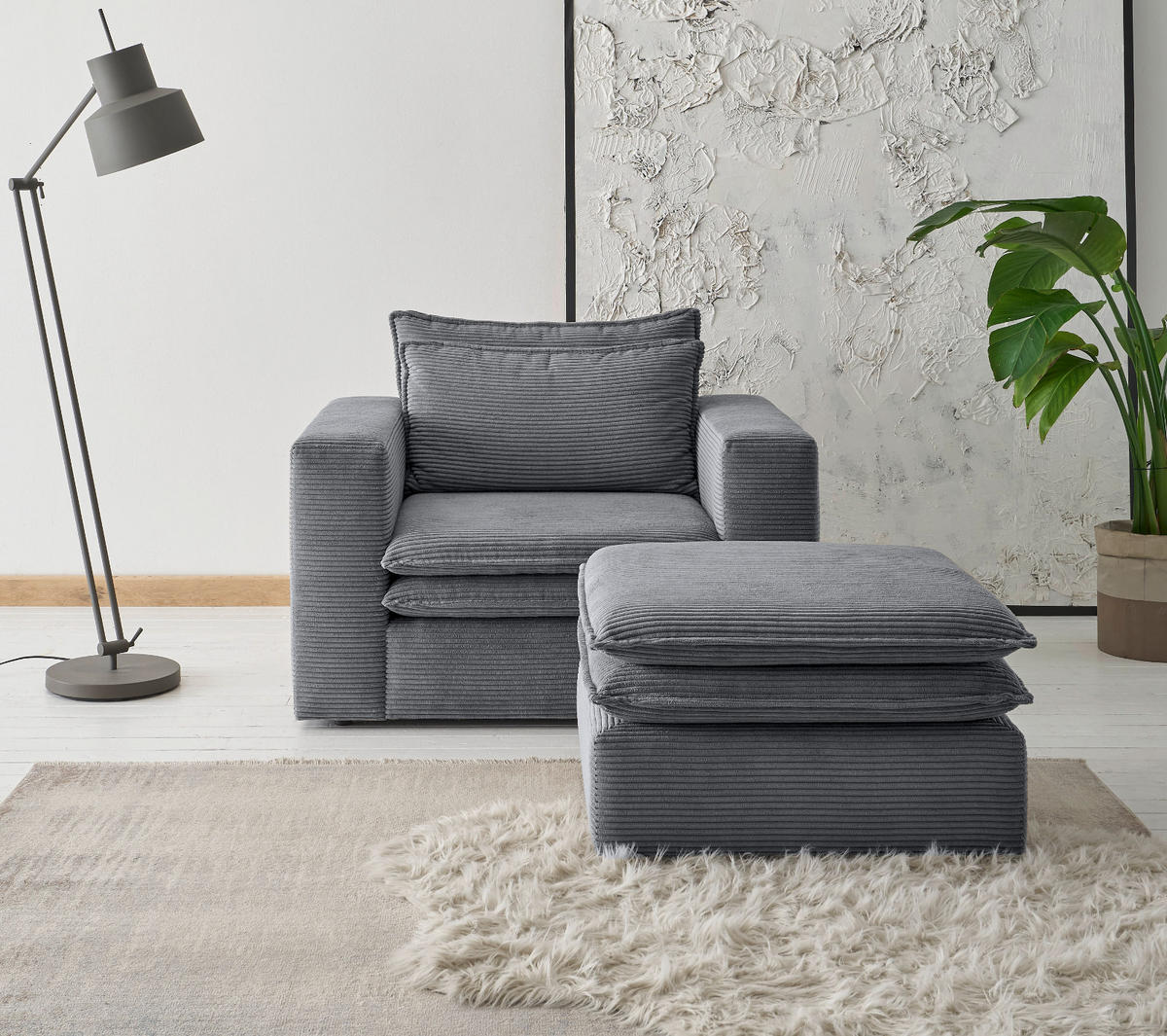 LOVESEAT Set grau Cord, Loungesessel inklusive Hocker - Beige/Grau, Holz/Kunststoff (110/83/161cm) - Furn.Design