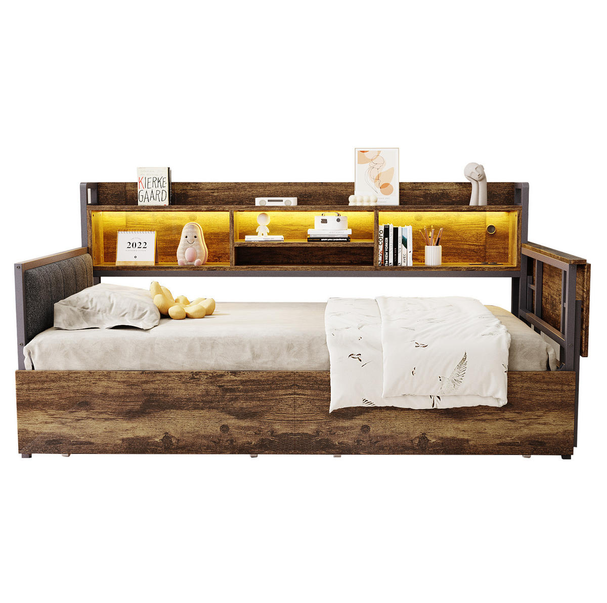 EINZELBETT 90/200 cm mit LED, Steckdose, Klappschreibtisch und 2 Schubladen, Metall, Weiß/ farbe - Naturfarben, Metall (90/200cm) - Redom