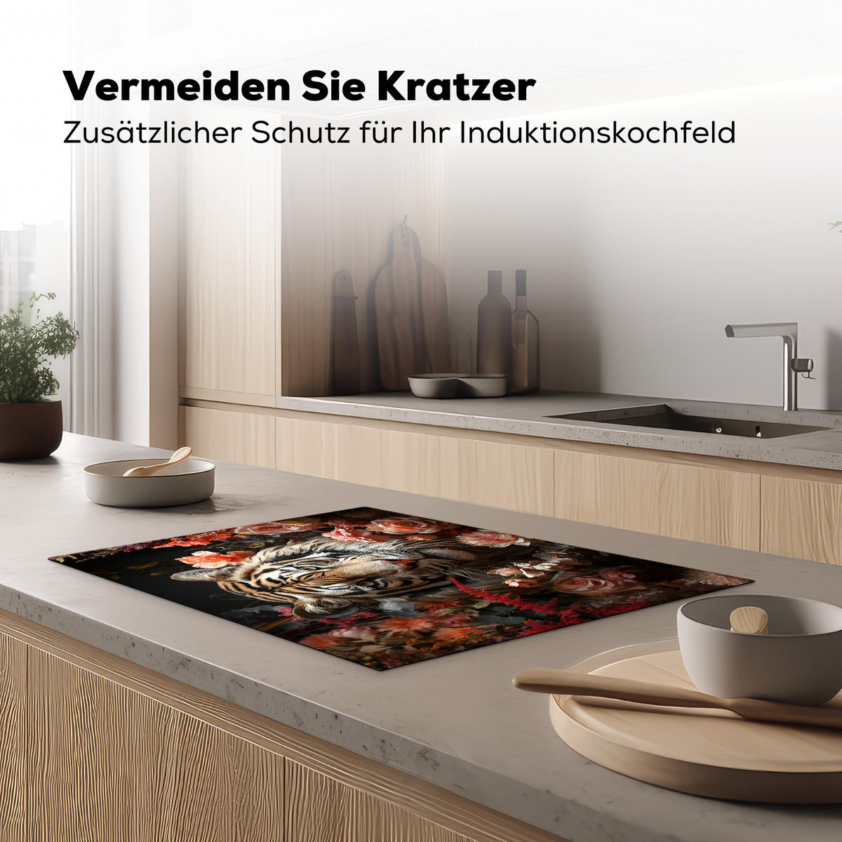 HERDABDECKPLATTE Tiger - Tier - Natur - Floral - Botanisch Herdabdeckung Induktionsfeld 75x52 cm - Orange, Kunststoff (75/52/0.2cm) - MuchoWow