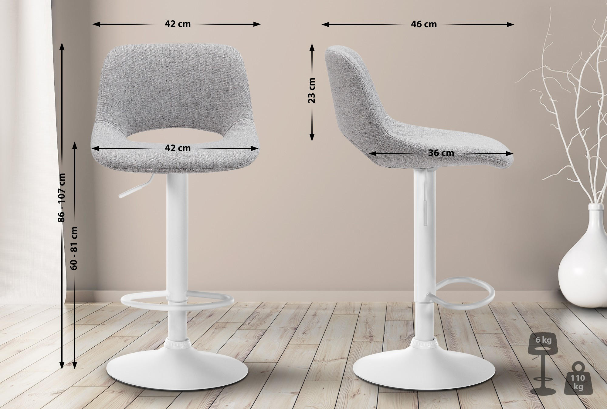 BARHOCKER JAKSON Hellgrau Stoff Weiß - Hellgrau, Textil/Metall (42/86/46cm) - DELUKE