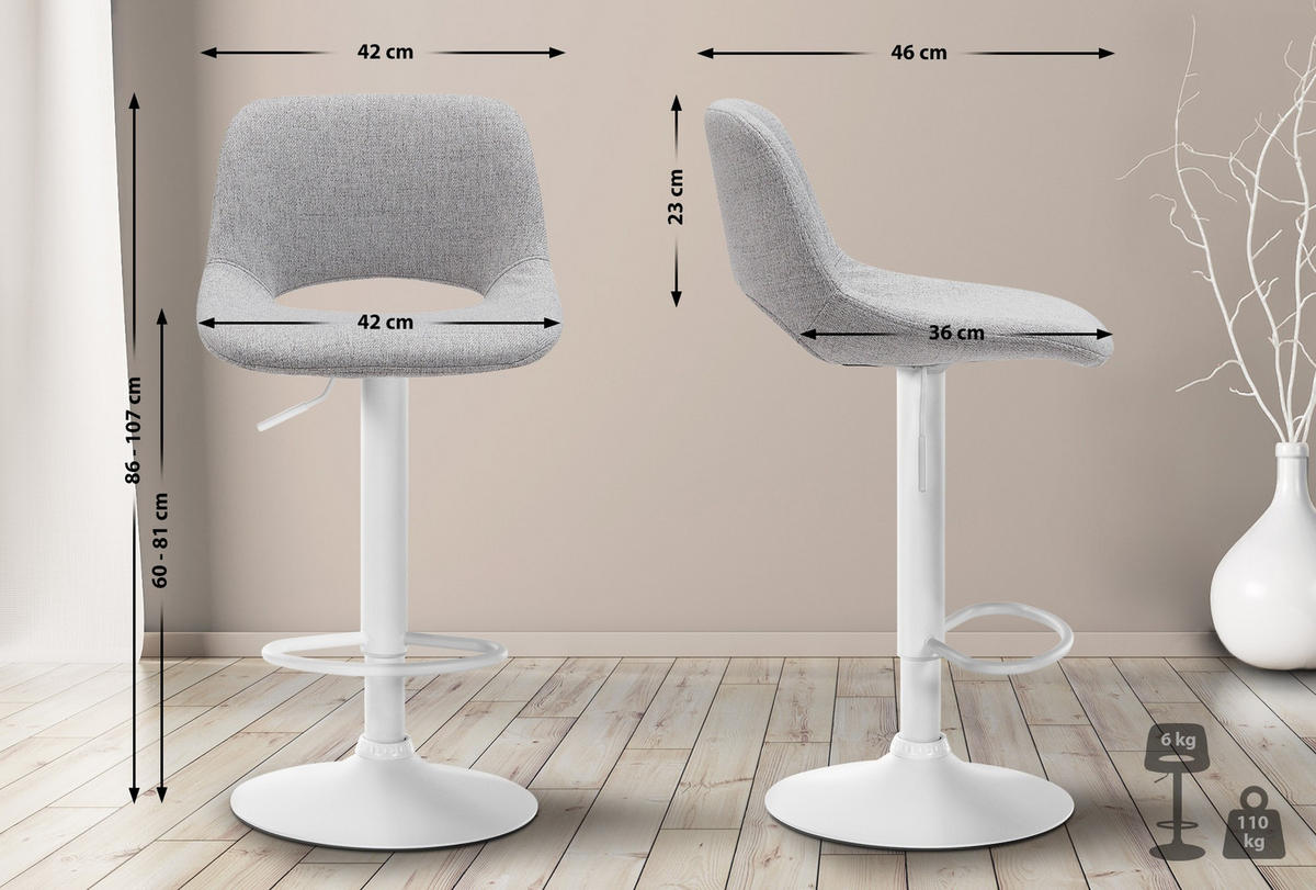 BARHOCKER 2er Set Stoff hellgrau - Hellgrau/Weiß, Textil/Metall (42/86/46cm) - CLP