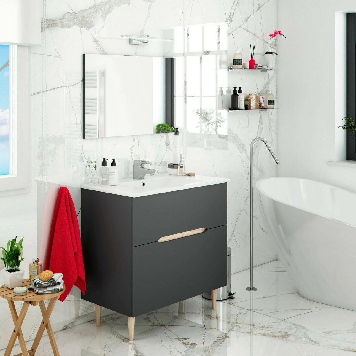 BADEZIMMERMÖBEL Anthrazit, Eiche 45/80/80 cm - Schwarz, Holzwerkstoff (80/80/45cm) - DMORA